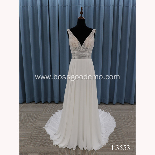 Sexy Backless Sweep Train V Neck Lace applique Sleeveless Wedding Dress Ball Gown
